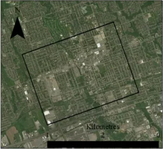 Figure 1 - The study area, outlined, within Oshawa, Canada 