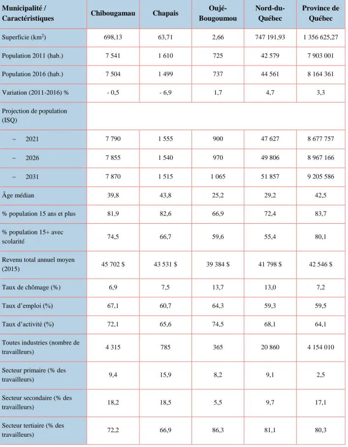 Tableau 1 : Profil socioéconomique de la région 