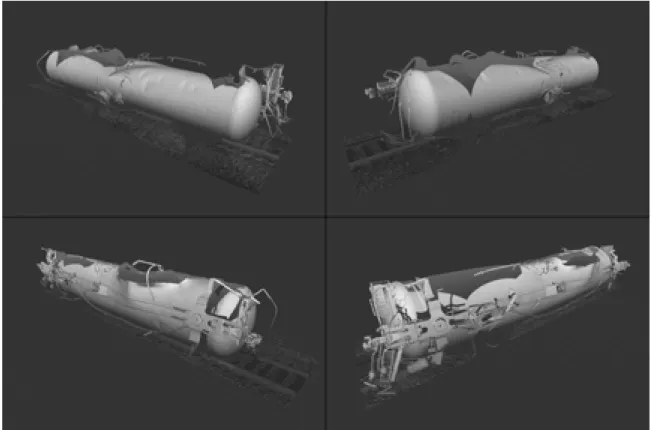 Figure 2: Oblique views of WFIX 130608 tank car laser scan visualizations 