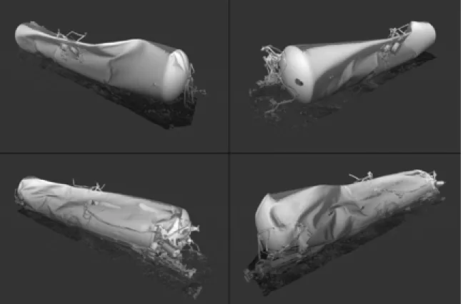 Figure 5: Oblique views of WFIX 130545 tank car laser scan visualizations 
