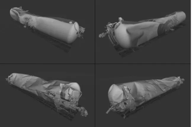 Figure 7: Oblique views of CTCX 735572 tank car laser scan visualizations 