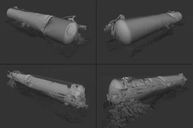 Figure 9: Oblique views of TILX 316533 tank car laser scan visualizations 