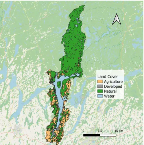 Figure 1.7 Map of Pigeon Lake watershed with land cover classified as agricultural, natural and  developed