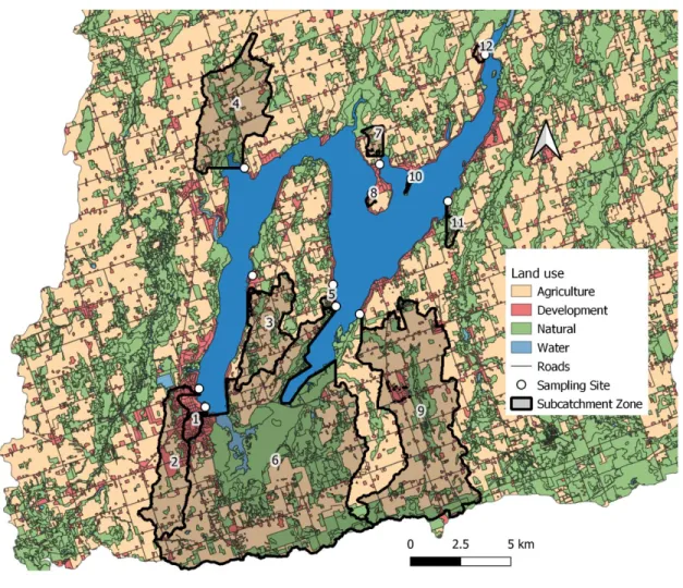 Figure 2.3 Map of Lake Scugog watershed with sub-catchment zones outlined for each sampling  site