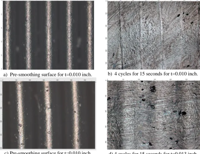 Figure 4-5 Pre and post-smoothing surfaces for t=0.010 and 0.013 inch and 4 cycles for  15 seconds