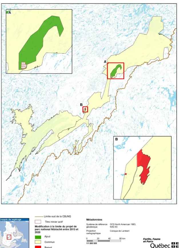 Figure 3  Modifications de la limite du projet de parc national Nibiischii entre 2013 et 2020