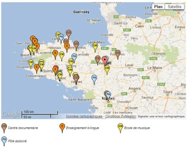 Figure 2 Carte des points de consultation des archives sonores de Dastum 112