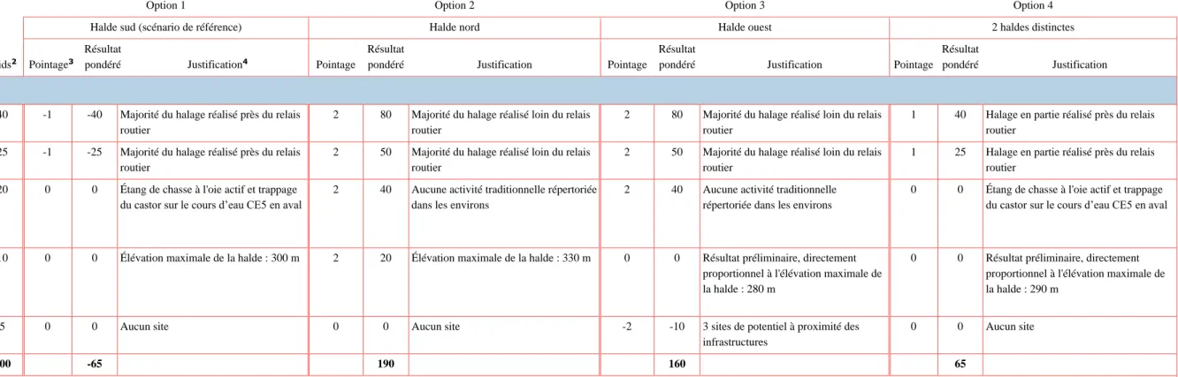 Tableau 3-3a  Analyse multicritères pour l’emplacement des haldes (suite) 1