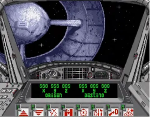 Figure 7: The “Golden Ring” space station seen from the Exploration and  Combat Vehicle in the Commodore Amiga version of La Aventura Espacial  (screenshot by author)
