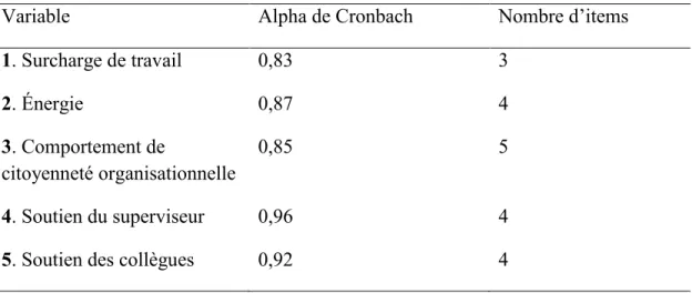 Tableau 3.8 Indicateurs de mesure de la variable modératrice (VM) 