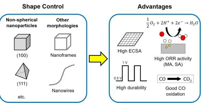 Figure 2.1: Examples of shape-controlled Pt nanostructures and their advantages for PEM fuel cell catalysis