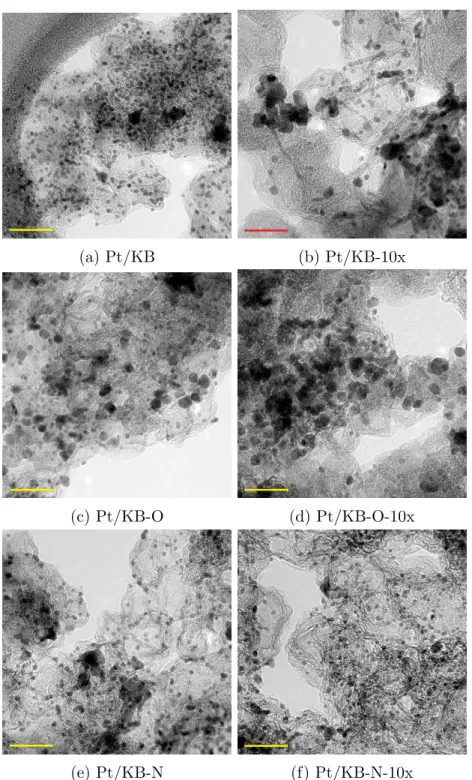 Figure 4.4: TEM images of all catalysts captured at 200kx magnification (scale bars are 20 nm)