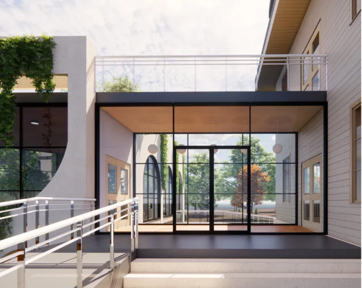 Figure 76. The entrance space serves as the first moment of pause for visitors and bridges the old building to the new  additional garden complex.